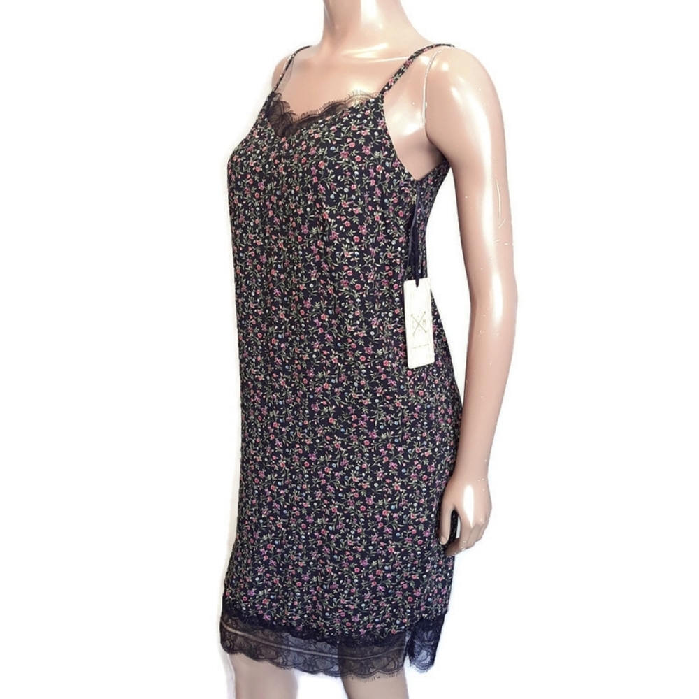 NEW California Moonrise Floral Slip Dress Fringed Lace Sleeveless Size XS Black